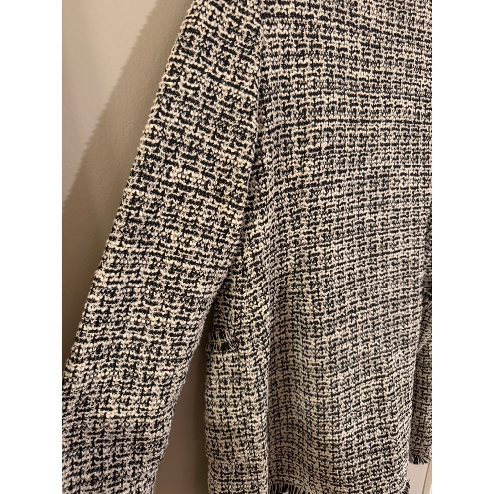 Laundry by Shelli Segal Womens Medium Black White Tweed Fringe Open Jacket Coat - Picture 6 of 7